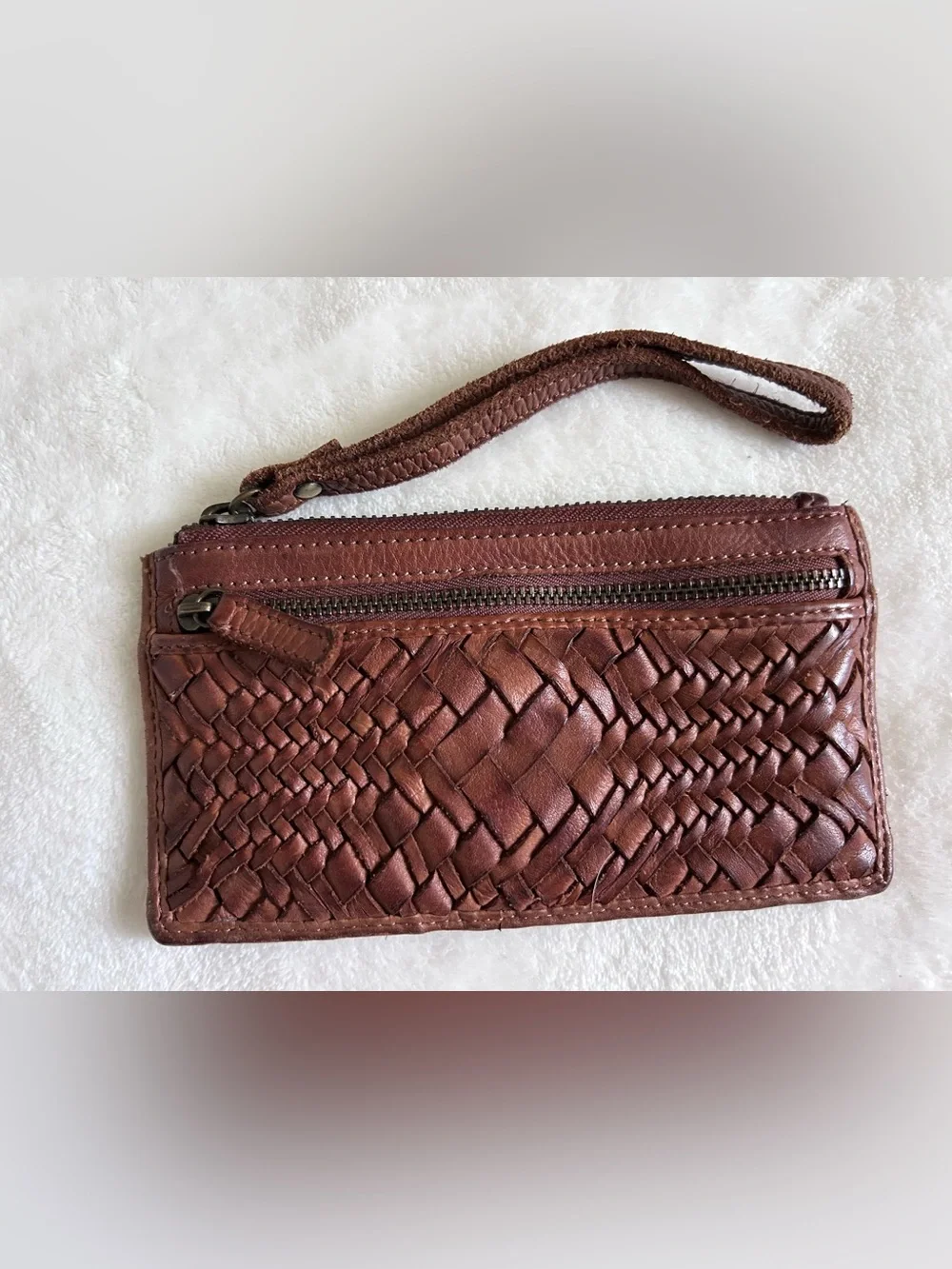 Boho Genuine Leather Woven Wristlet Wallet Brown
